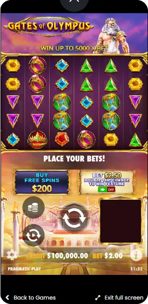 Gates of Olympus game - Play screen